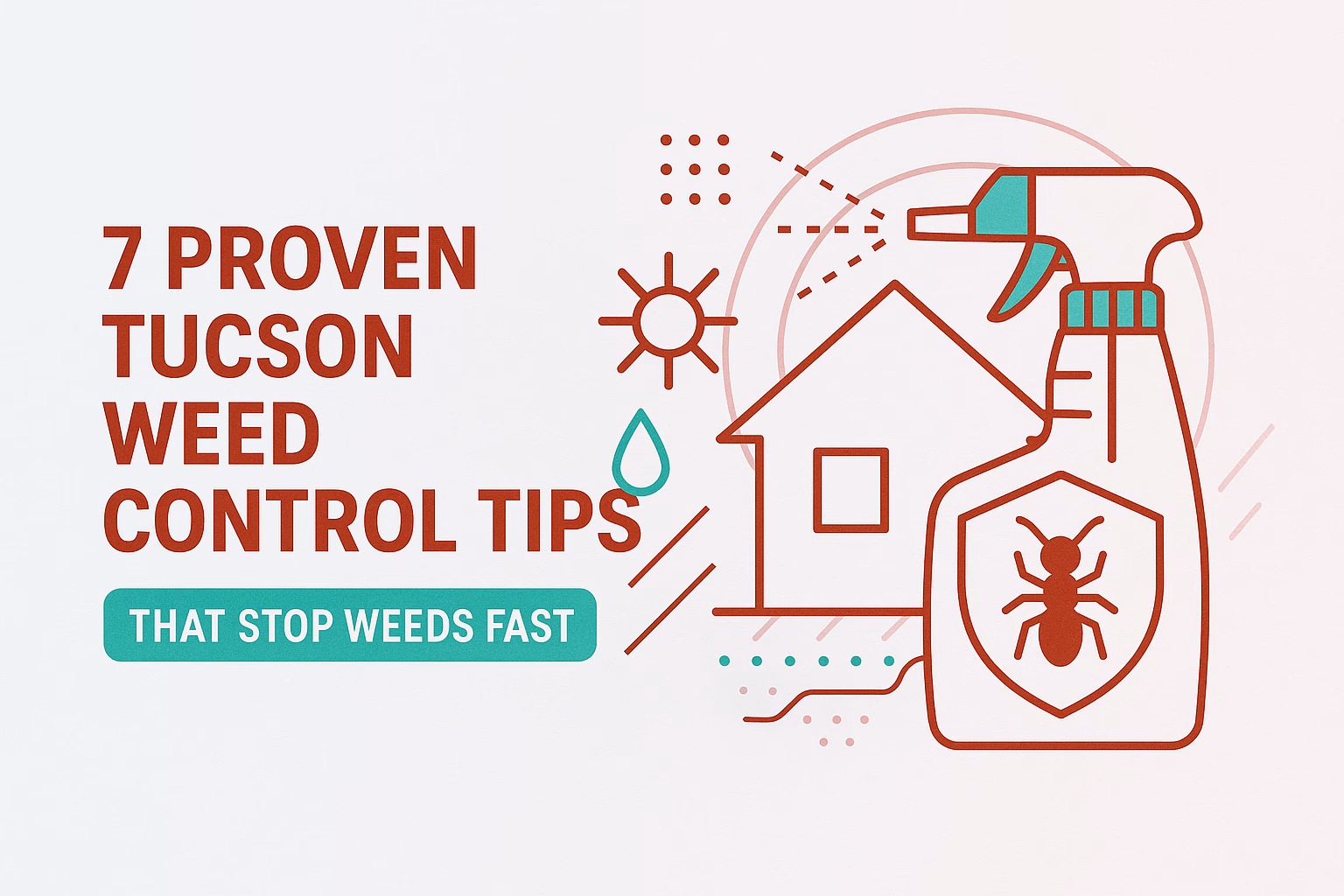 7 proven tucson weed control tips with a spray bottle, house, and icons representing sun and water.