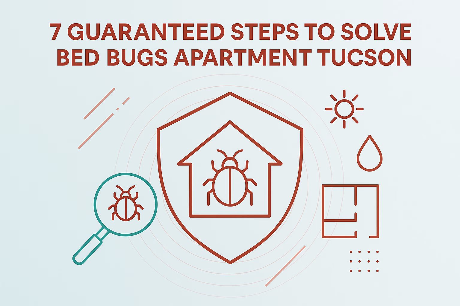 7 steps to eliminate bed bugs in your Tucson apartment, featuring a shield and magnifying glass icons.