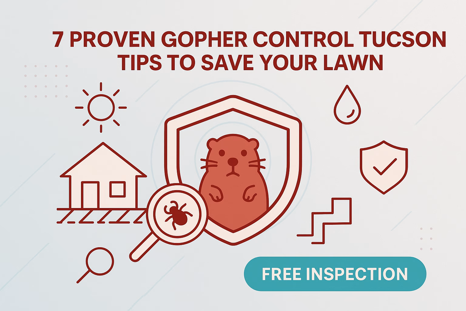 7 proven gopher control Tucson tips with a cartoon gopher in a shield, house, and icons for inspection and protection.