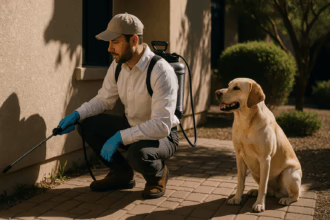 A pest control professional in a cap and gloves sprays near a house with a golden retriever seated beside him.