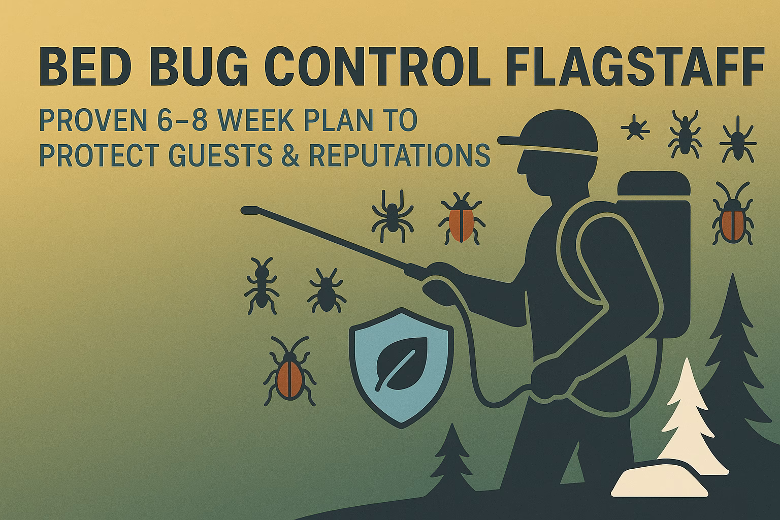 Bed bug control Flagstaff graphic featuring a pest controller with insects and a shield, promoting a 6-8 week protection plan.