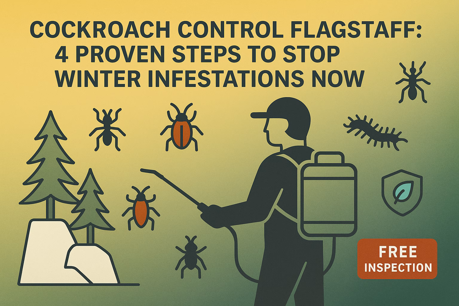 Cockroach control Flagstaff: Illustration of an exterminator with trees, insects, and text promoting free inspections.