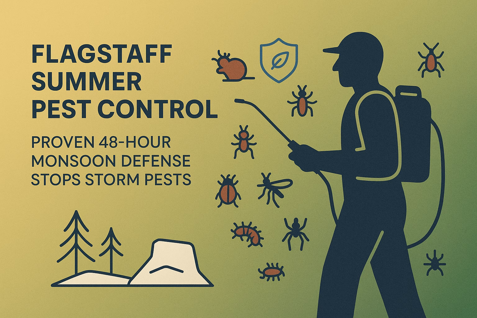 Flagstaff summer pest control promotes 48-hour defense against monsoon pests, featuring a pest control professional.