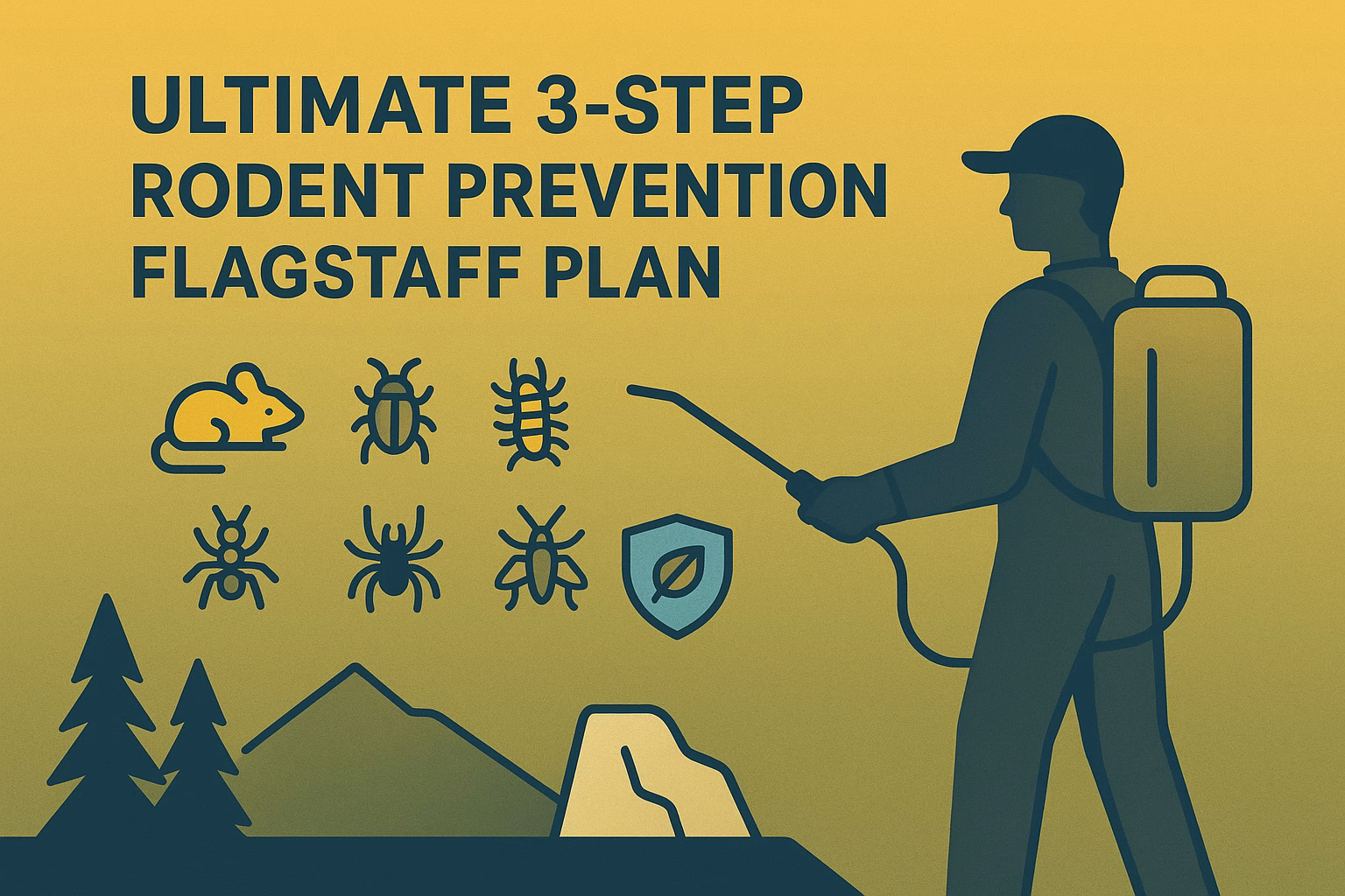Ultimate 3-step rodent prevention Flagstaff plan with icons for mice, insects, and a person applying treatment.