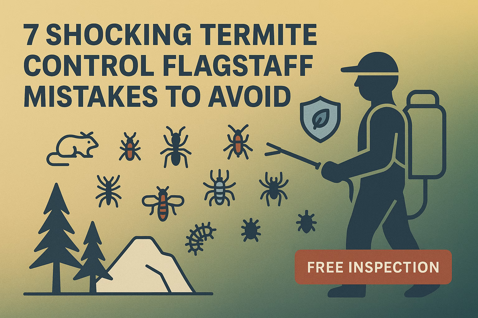 7 shocking termite control Flagstaff mistakes to avoid, featuring pest icons and a person spraying for pests. Free inspection.