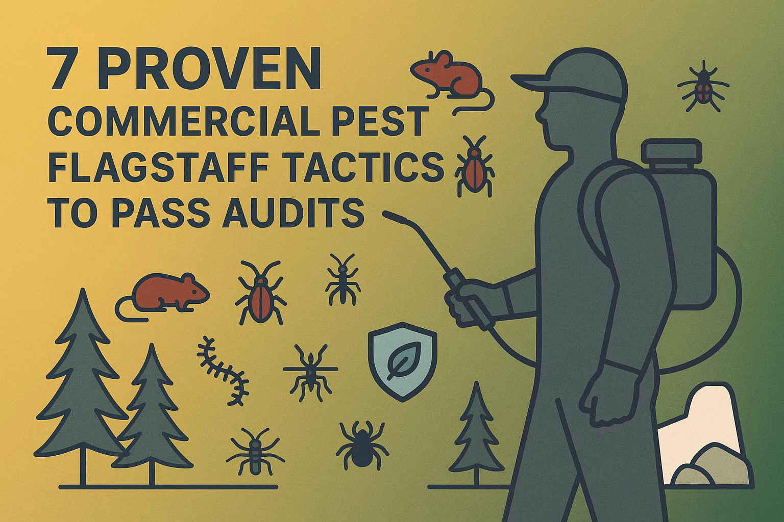 7 proven commercial pest Flagstaff tactics for passing audits, featuring pests and a technician with treatment equipment.