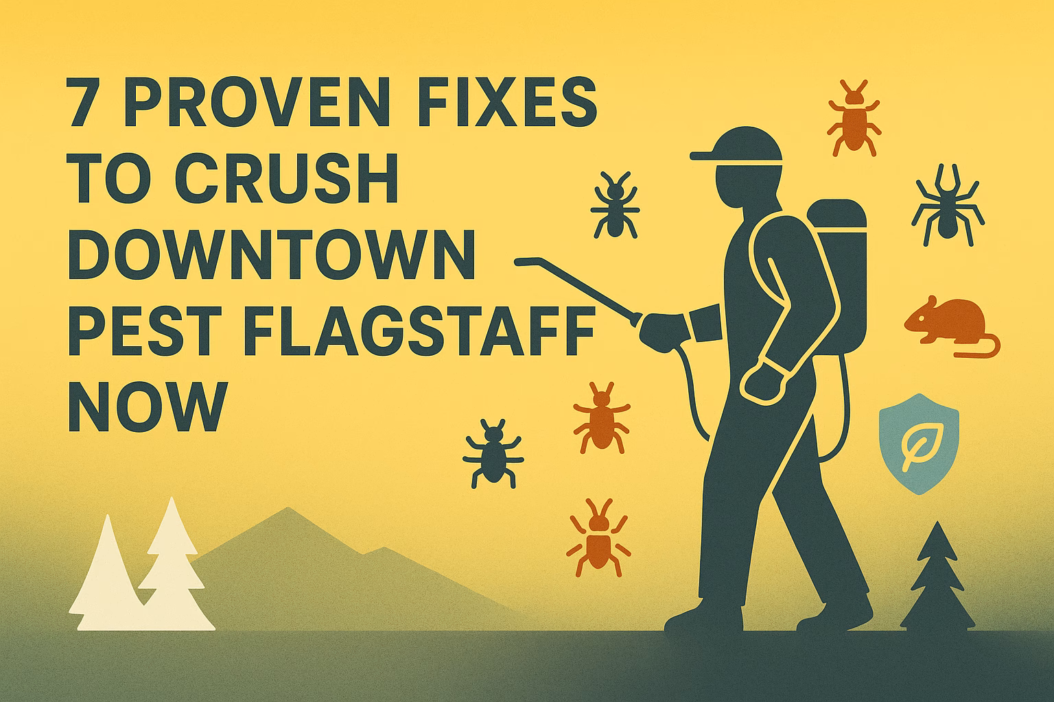 7 proven fixes to eliminate downtown pest Flagstaff; features a pest control worker with various pests illustrated.