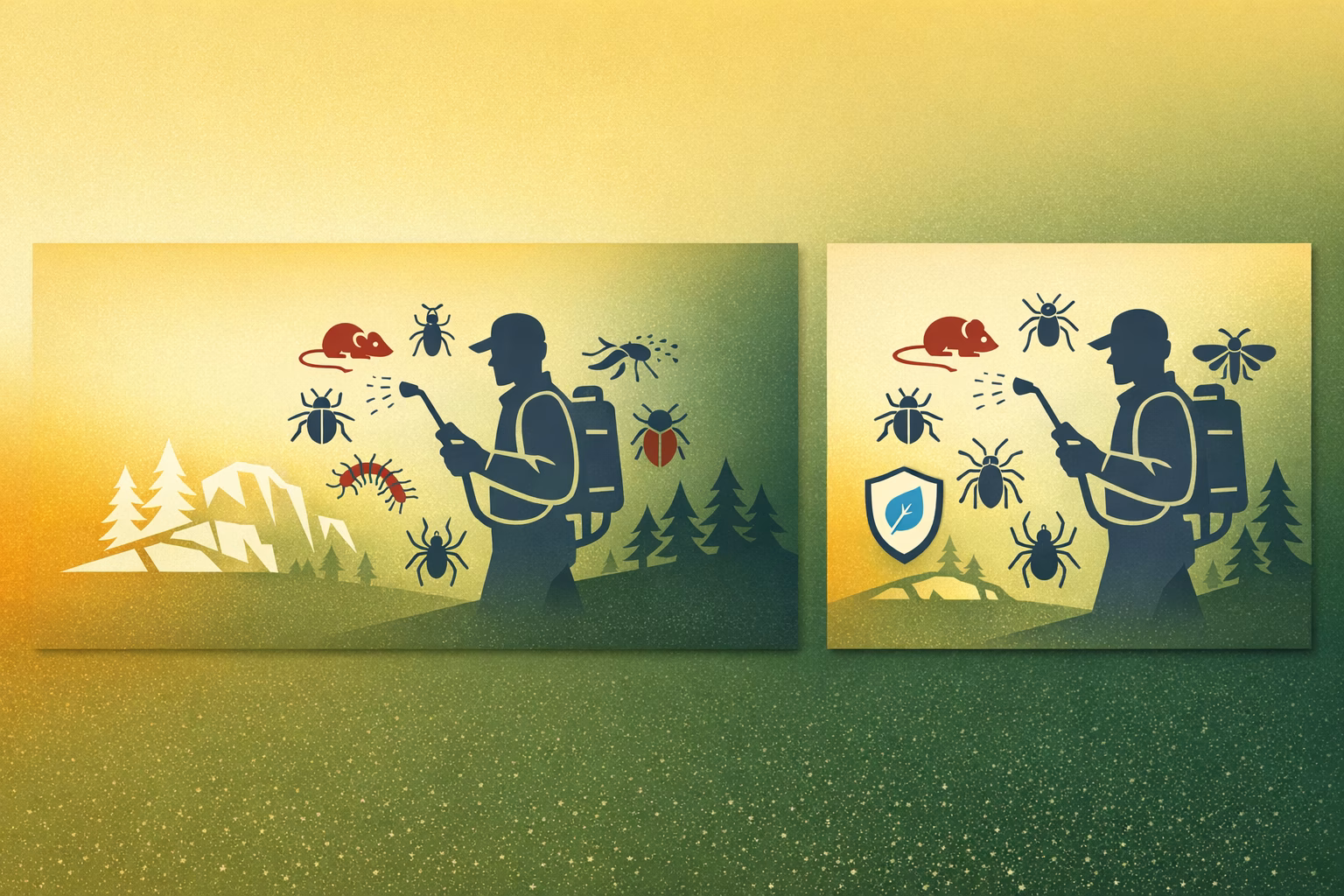 Illustration showing a pest control worker surrounded by various insects and rodents, highlighting flagstaff climate pests.