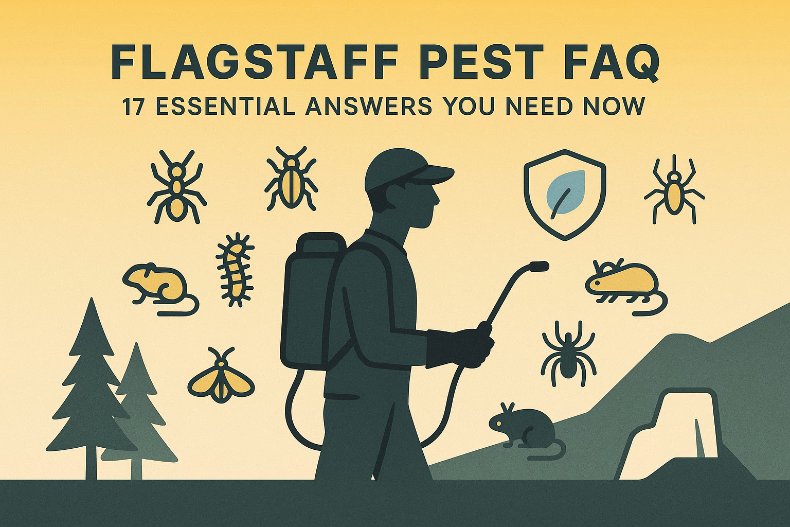 Silhouette of a pest control worker with various pests and a shield, highlighting "Flagstaff pest FAQ: 17 essential answers."
