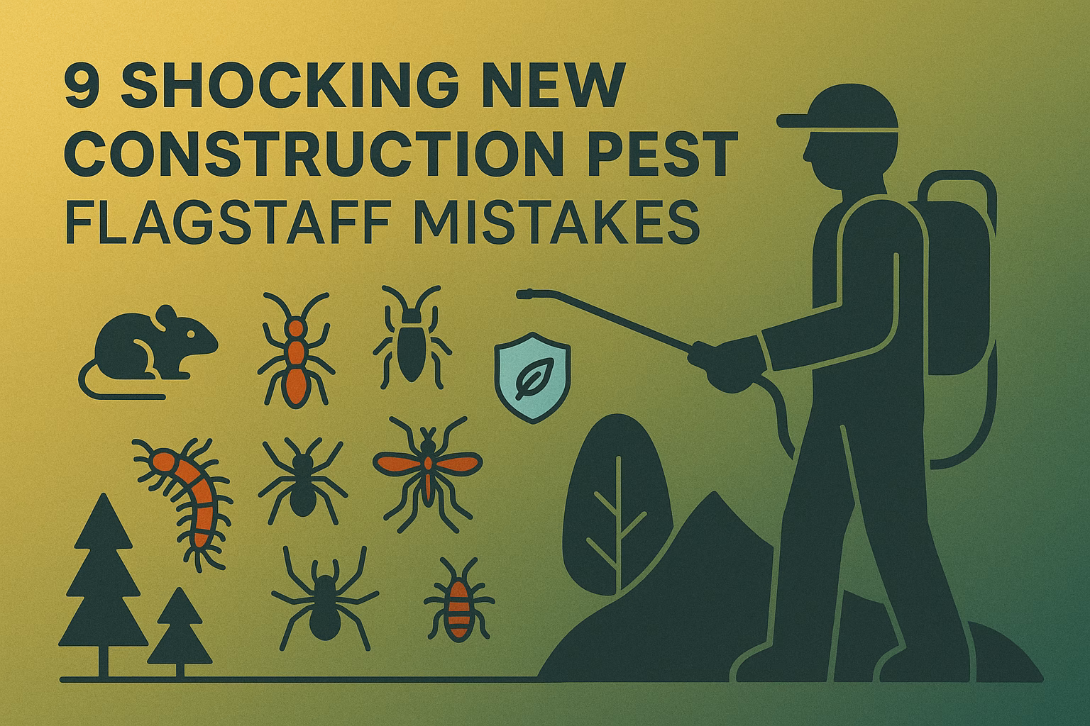 9 shocking new construction pest Flagstaff mistakes with graphics of pests and a person spraying for insects.