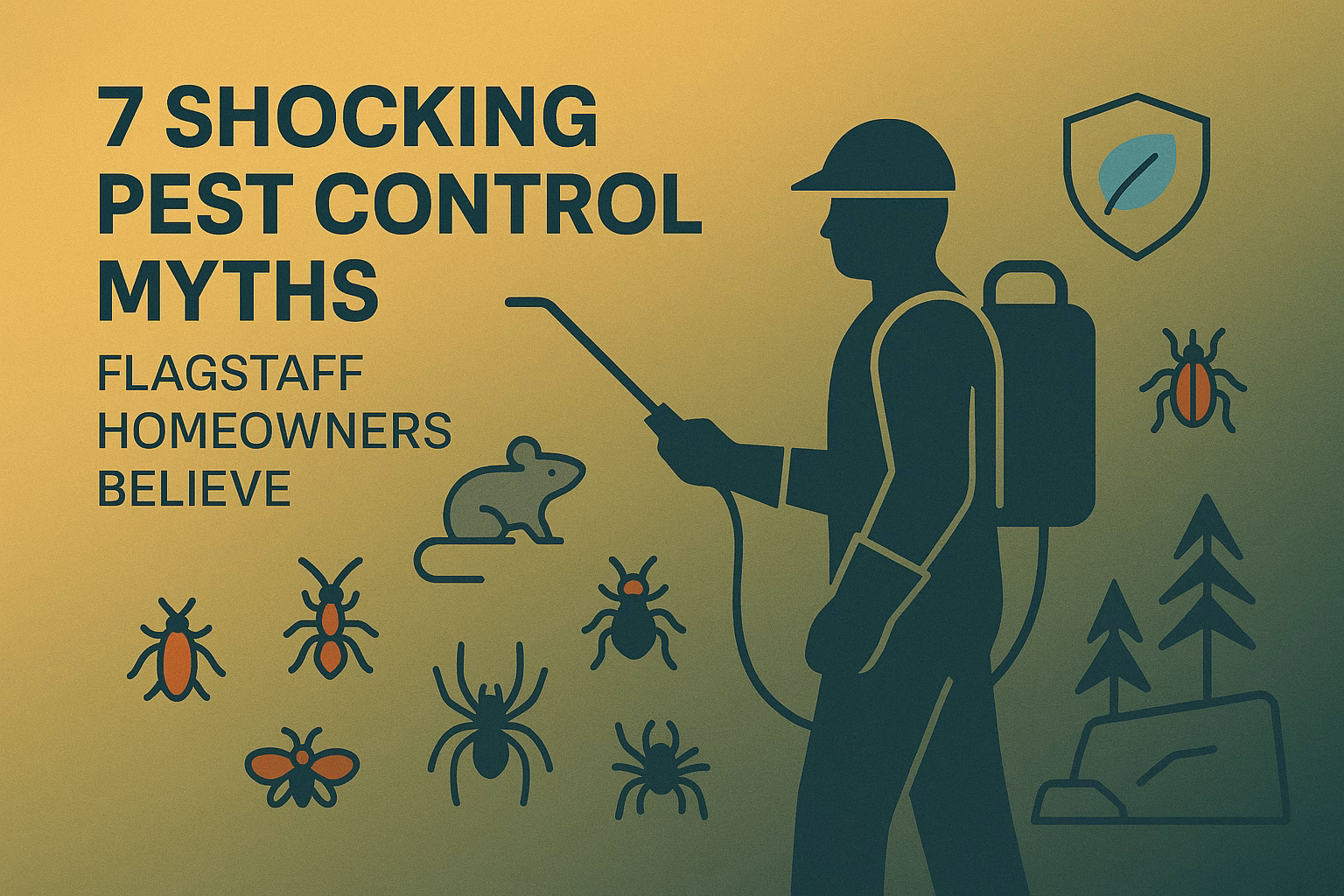 7 pest control myths Flagstaff homeowners believe, with illustrations of pests, a pest controller, and trees.