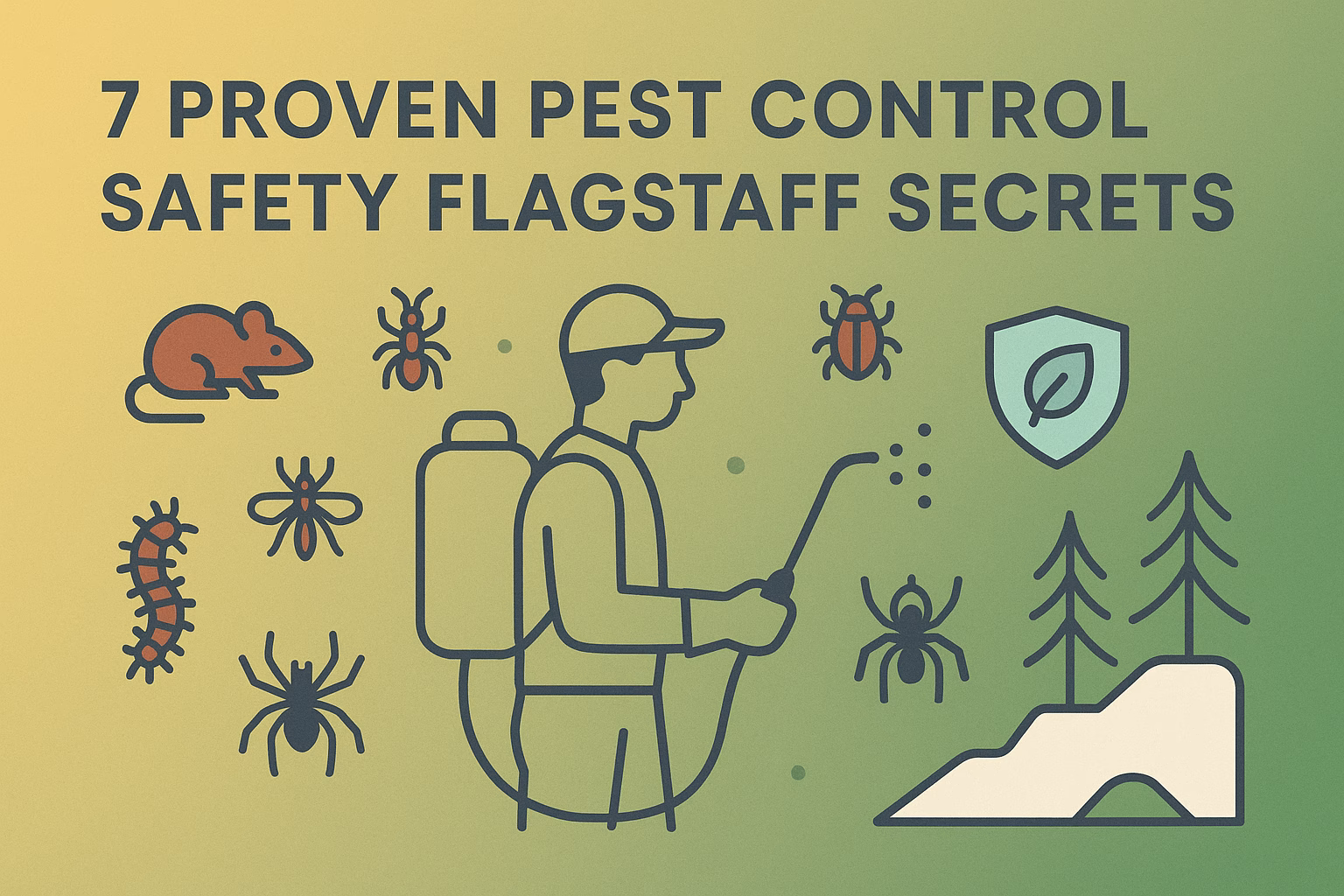 7 proven pest control safety Flagstaff secrets with icons of mice, insects, and a pest control professional spraying.