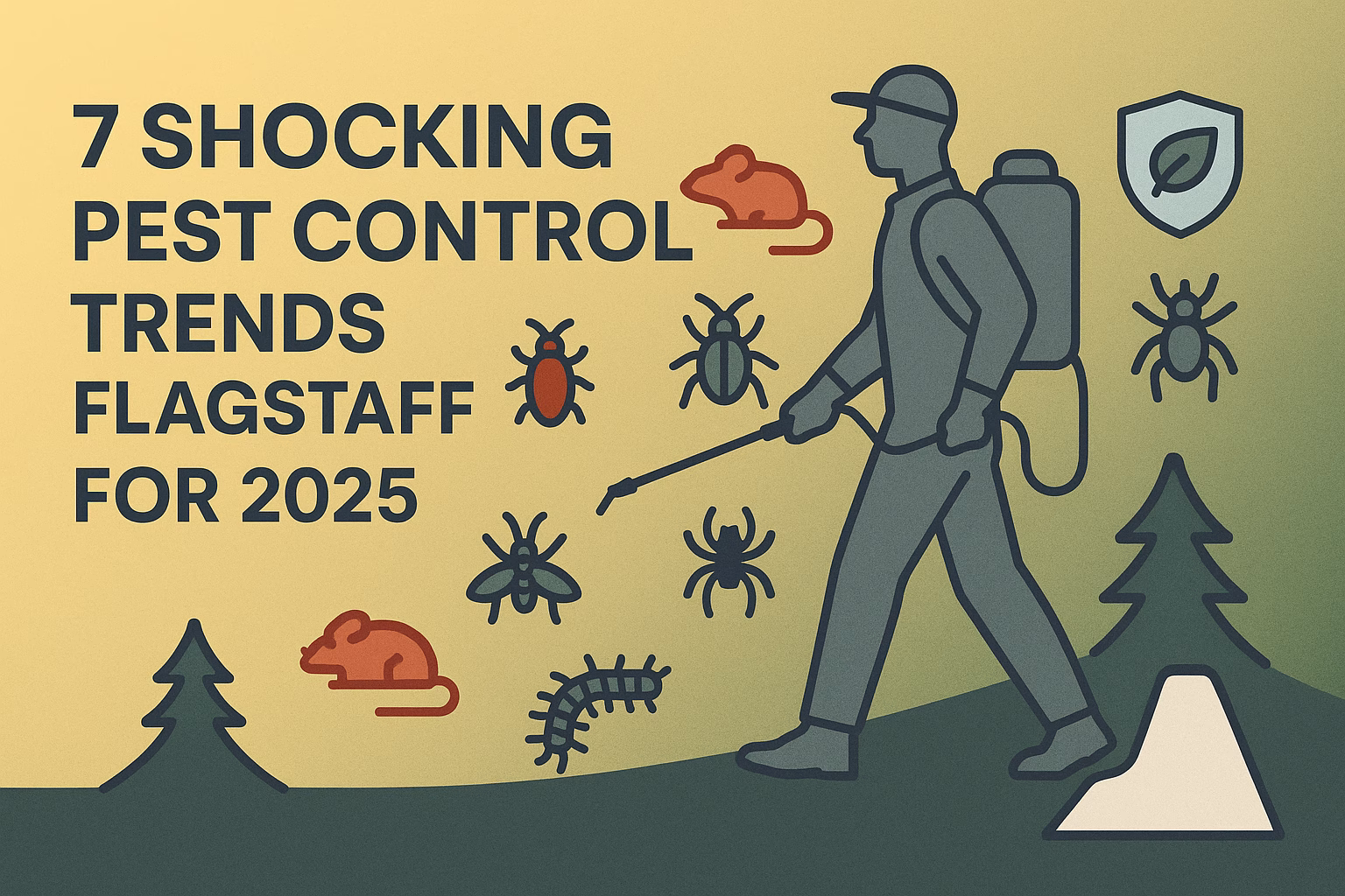 7 shocking pest control trends Flagstaff for 2025, featuring a pest control worker and various pests illustrated around him.