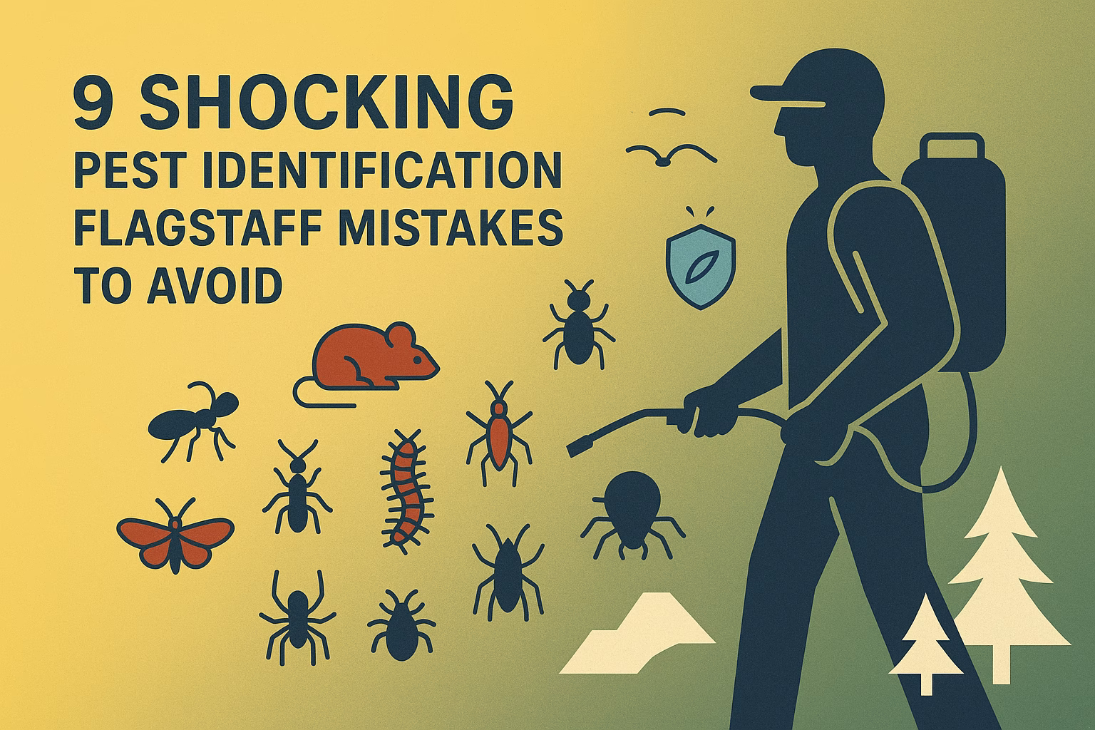 9 shocking pest identification Flagstaff mistakes highlighted with icons of pests and a pest control professional.