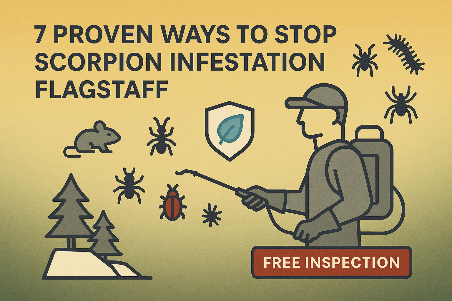 7 proven ways to stop scorpion infestation Flagstaff with a pest control professional and various insects depicted. Free inspection.