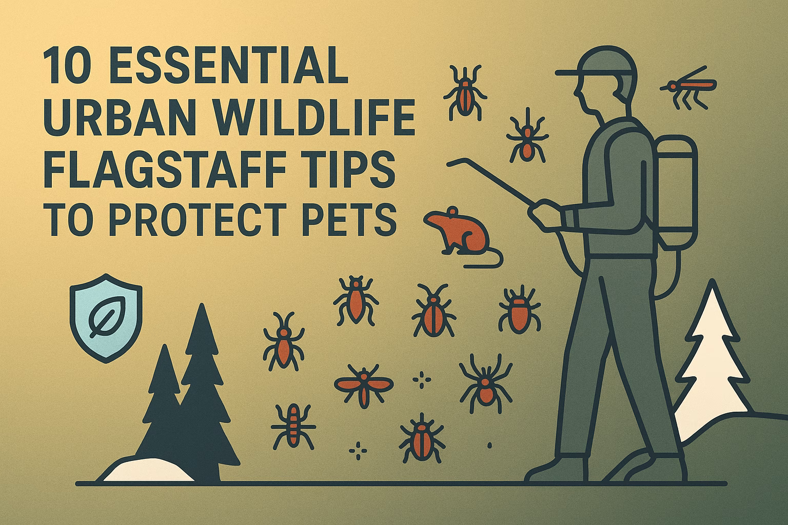 10 essential urban wildlife Flagstaff tips for protecting pets, featuring a person with a spray wand, insects, and a small animal.