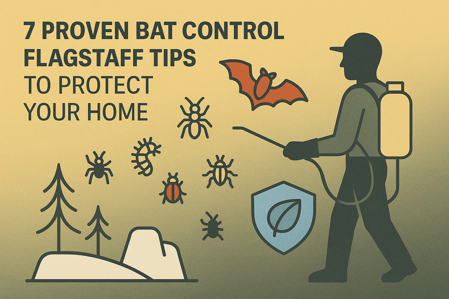 7 proven bat control Flagstaff tips with a person spraying, trees, and insects to protect your home.