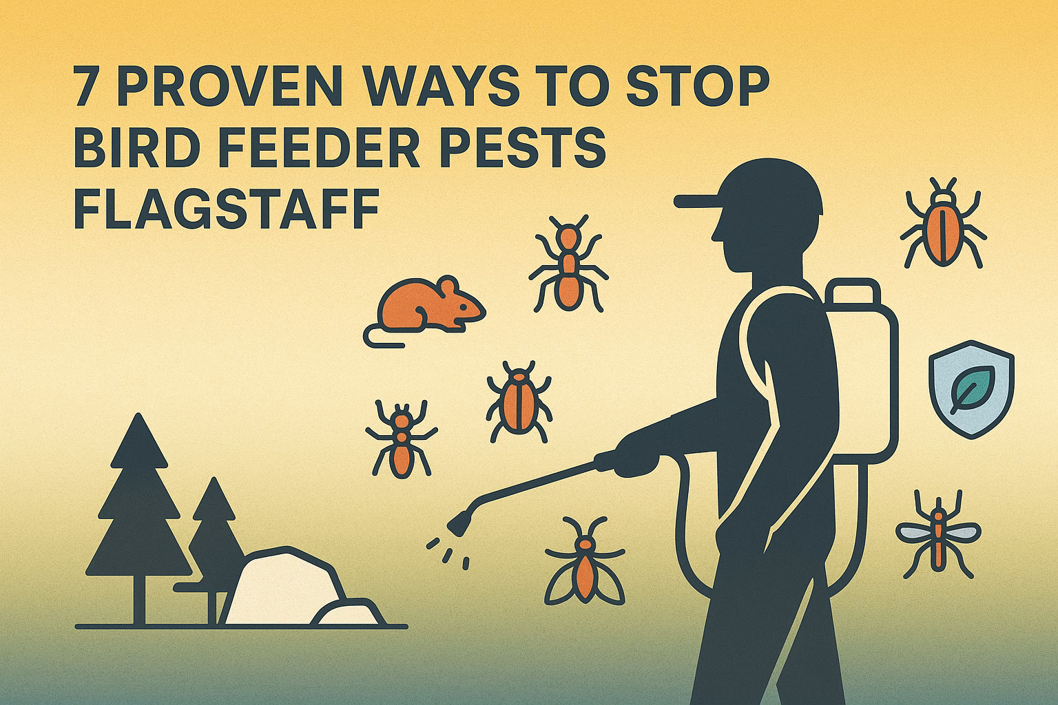 7 proven ways to stop bird feeder pests Flagstaff, featuring a person spraying pesticide surrounded by common pests.