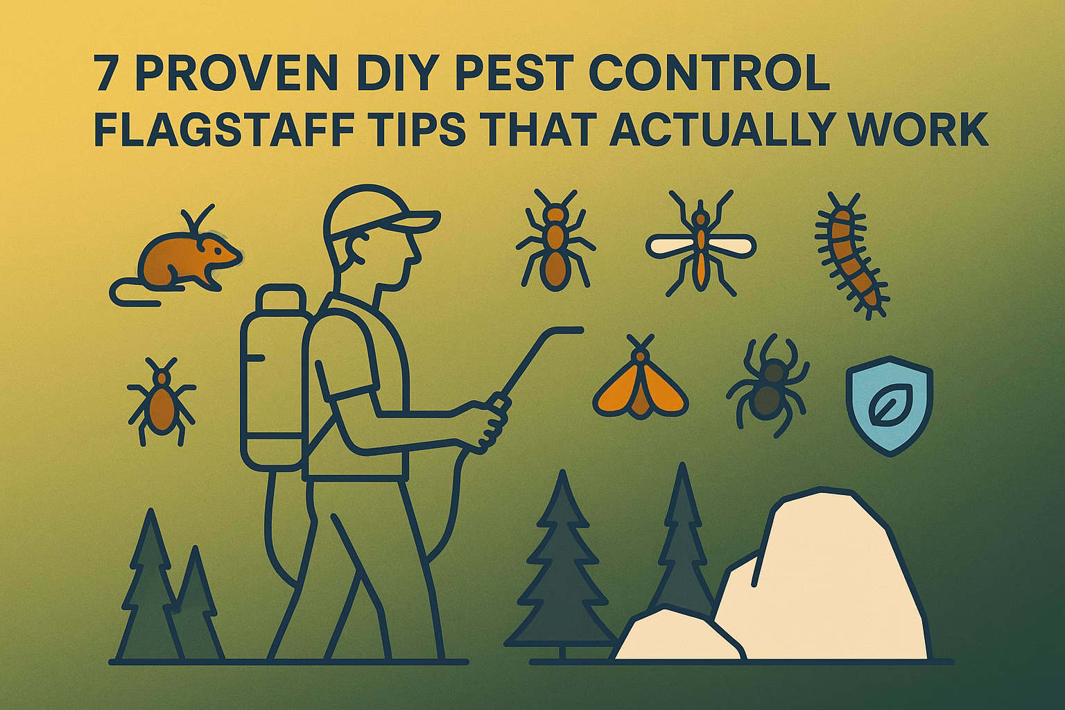 7 DIY pest control Flagstaff tips illustrated with a person spraying while surrounded by various pests and nature elements.