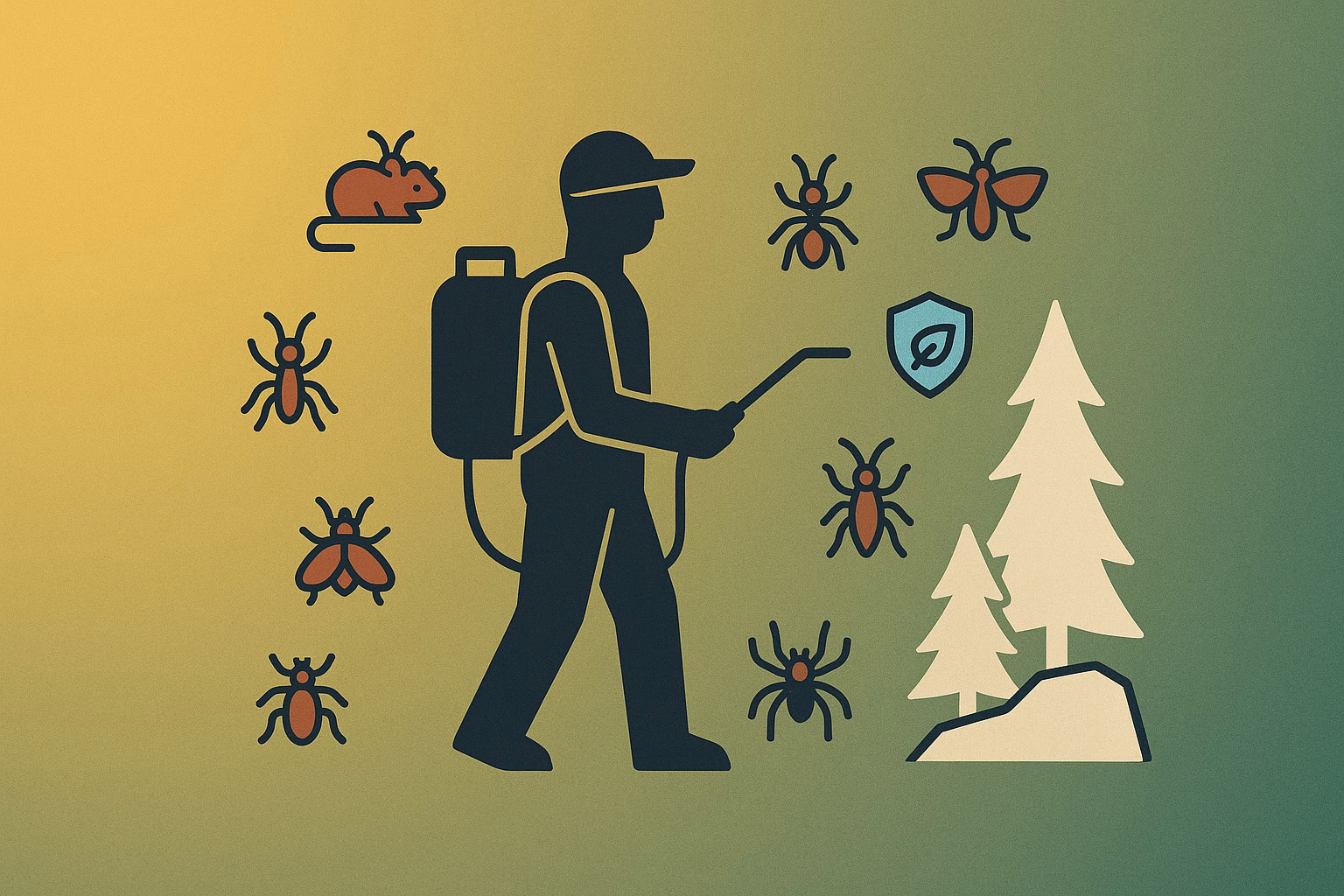 Pest control worker treating for elevation pests in Flagstaff, surrounded by various insects and a tree illustration.