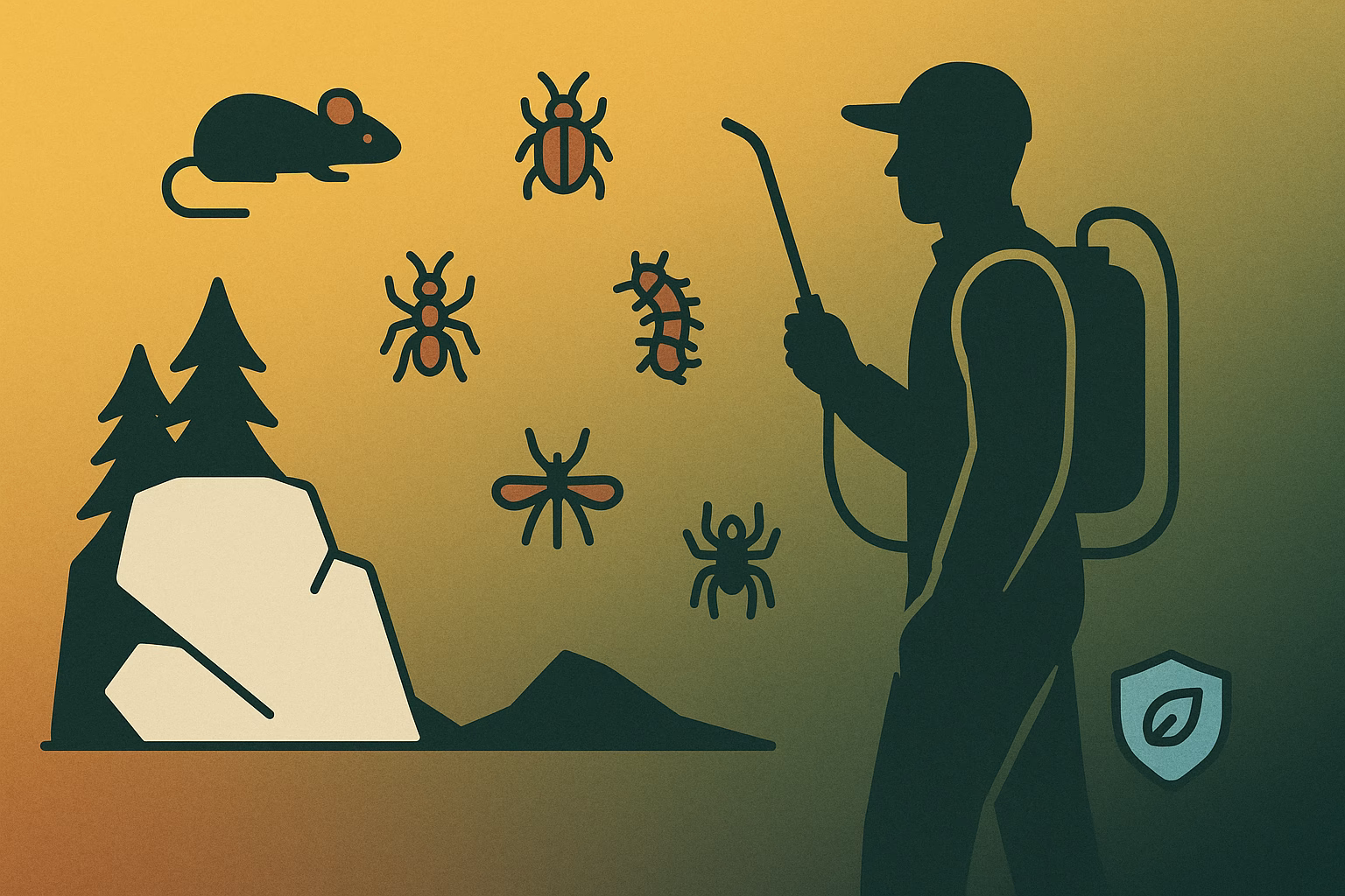 A person in protective gear sprays for Fall garden Pests Flagstaff, with various insects and a mouse illustrated nearby.