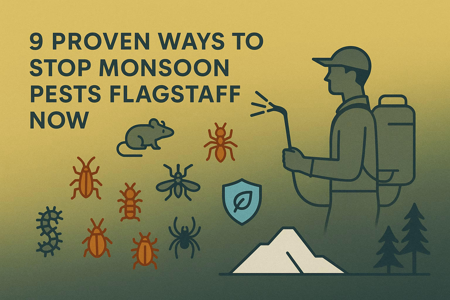 9 proven ways to stop monsoon pests Flagstaff, featuring a pest control worker and various pests illustrated.