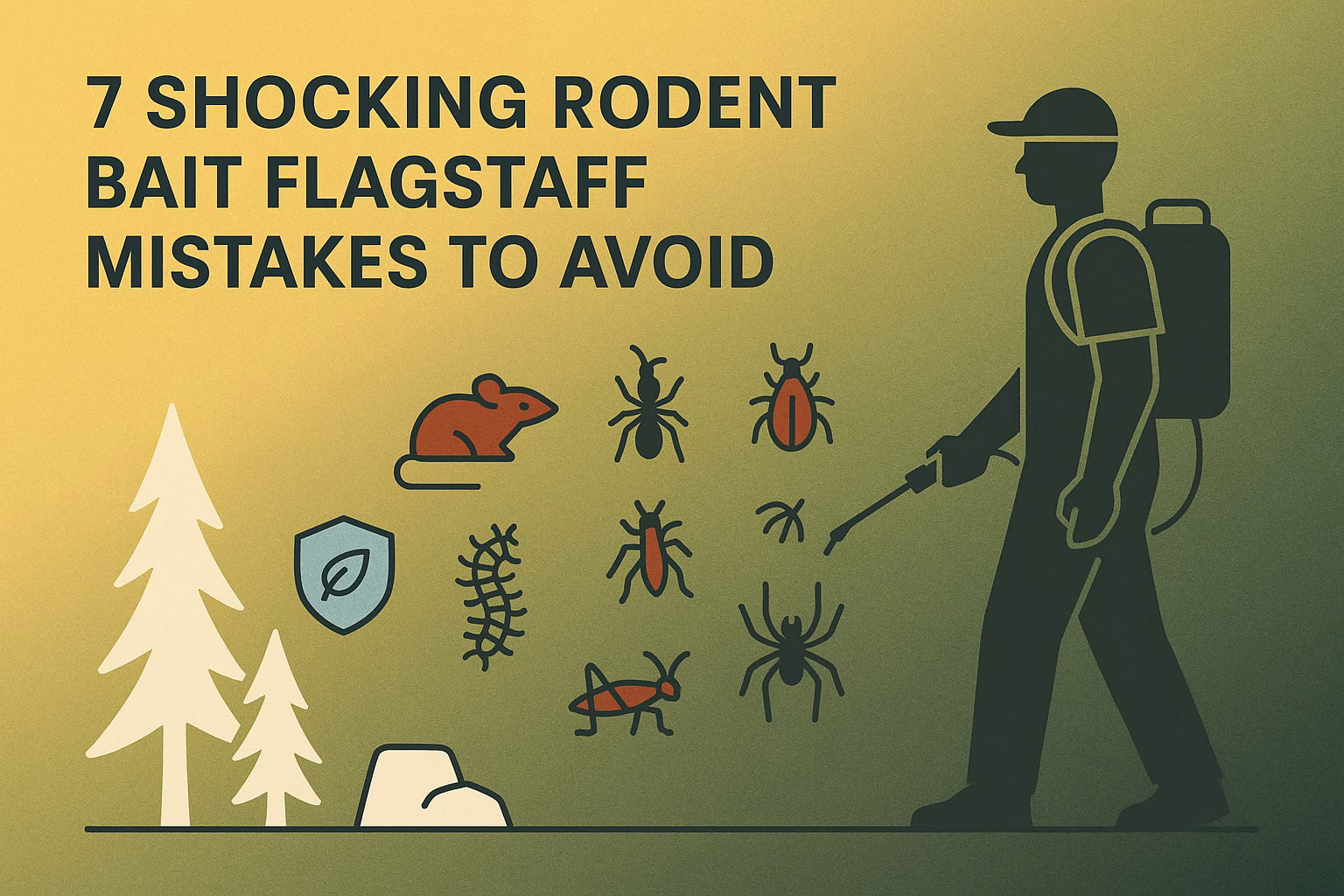 7 shocking rodent bait Flagstaff mistakes to avoid; features icons of pests and a person spraying for pests.