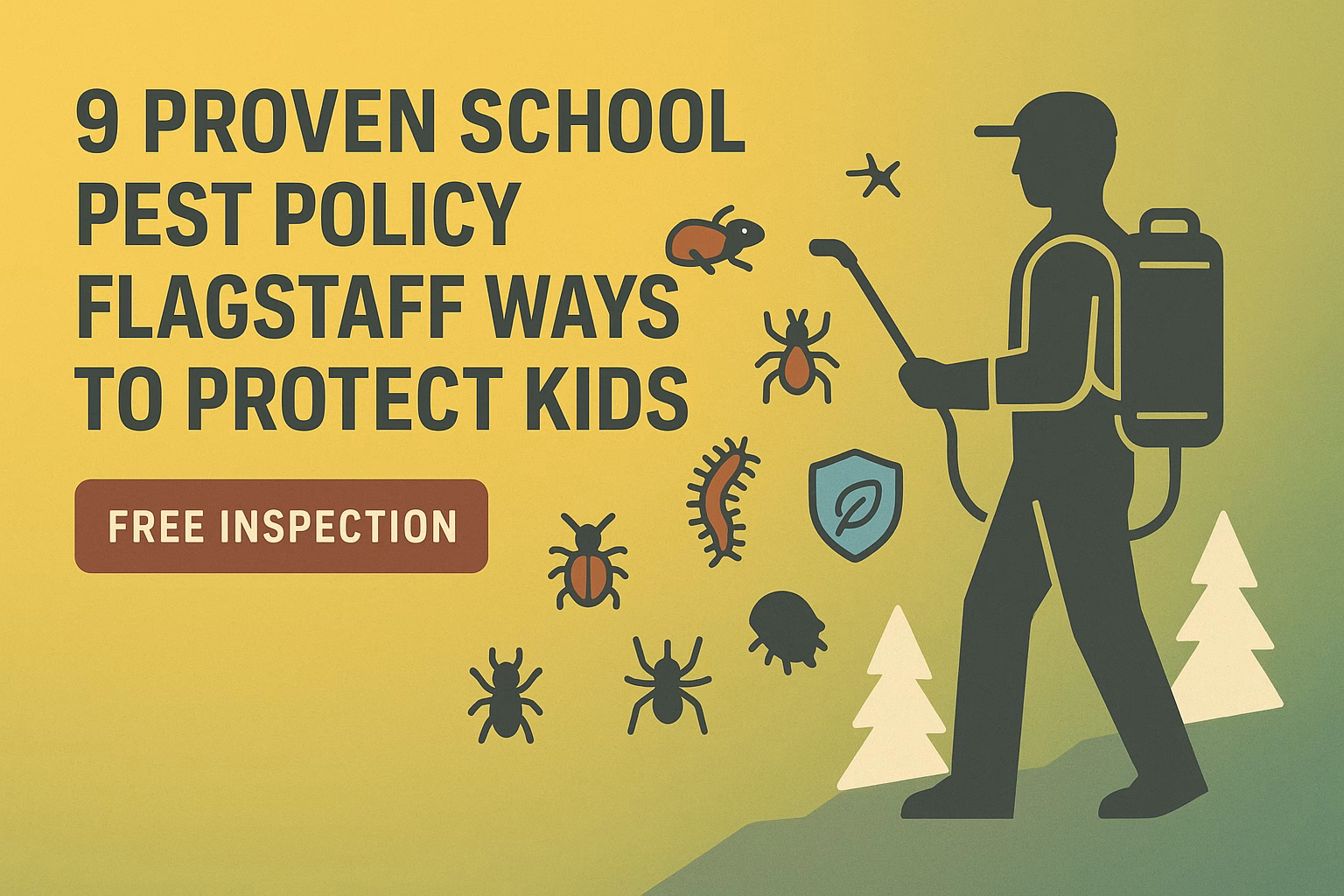 9 proven school pest policy Flagstaff methods to protect kids, featuring pest icons and a person spraying. Free inspection offer.