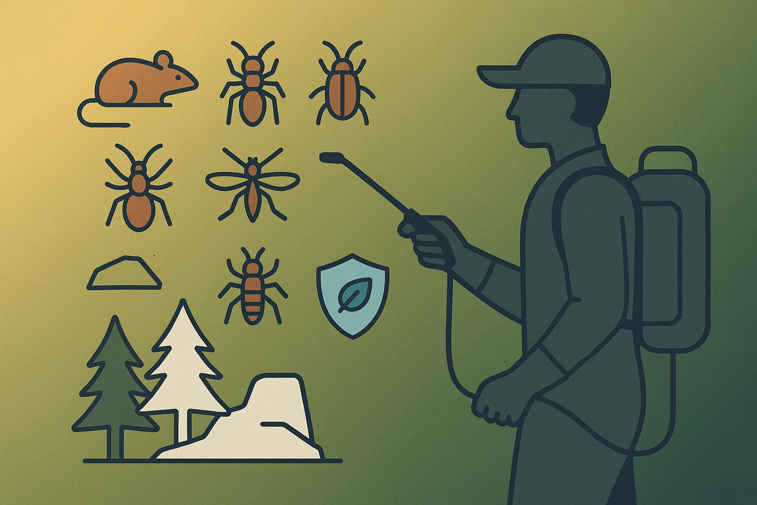 Pest control technician spraying for mice and insects, highlighting away pest control Flagstaff services with nature elements.