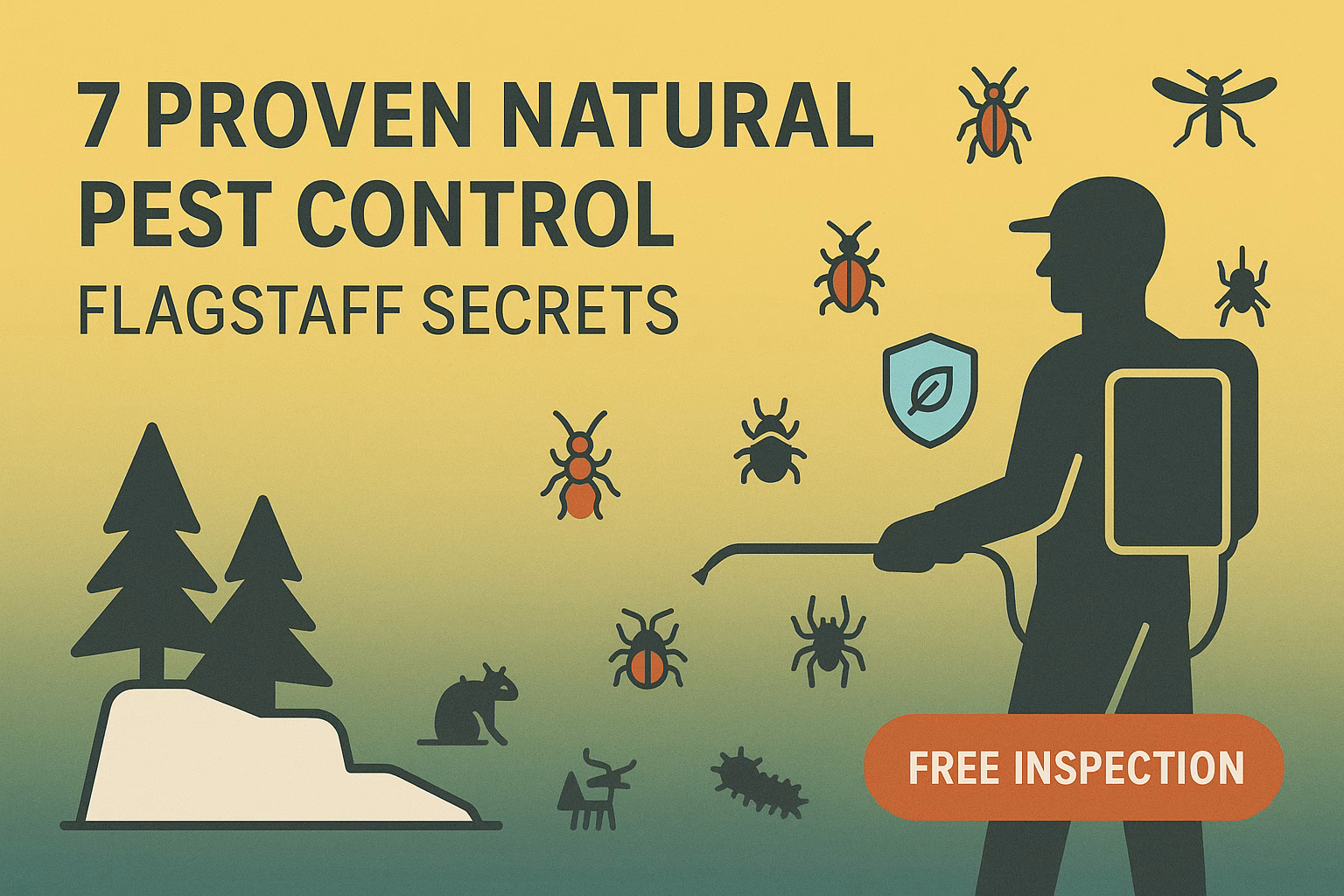 7 proven natural pest control Flagstaff secrets with a pest control worker and various insects on a gradient background.