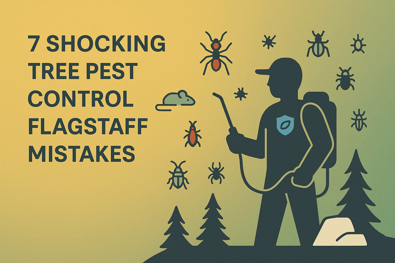 7 shocking tree pest control Flagstaff mistakes with a pest controller and various pests illustrated around him.