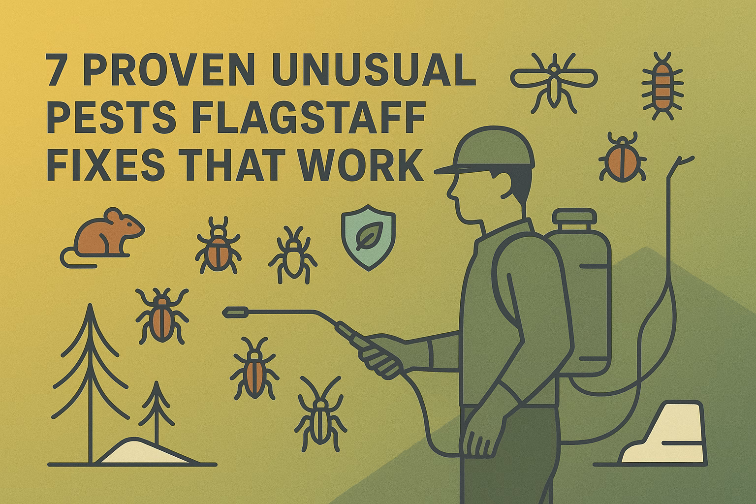 7 proven unusual pests Flagstaff illustrated with a pest control worker, various pests, and nature elements.