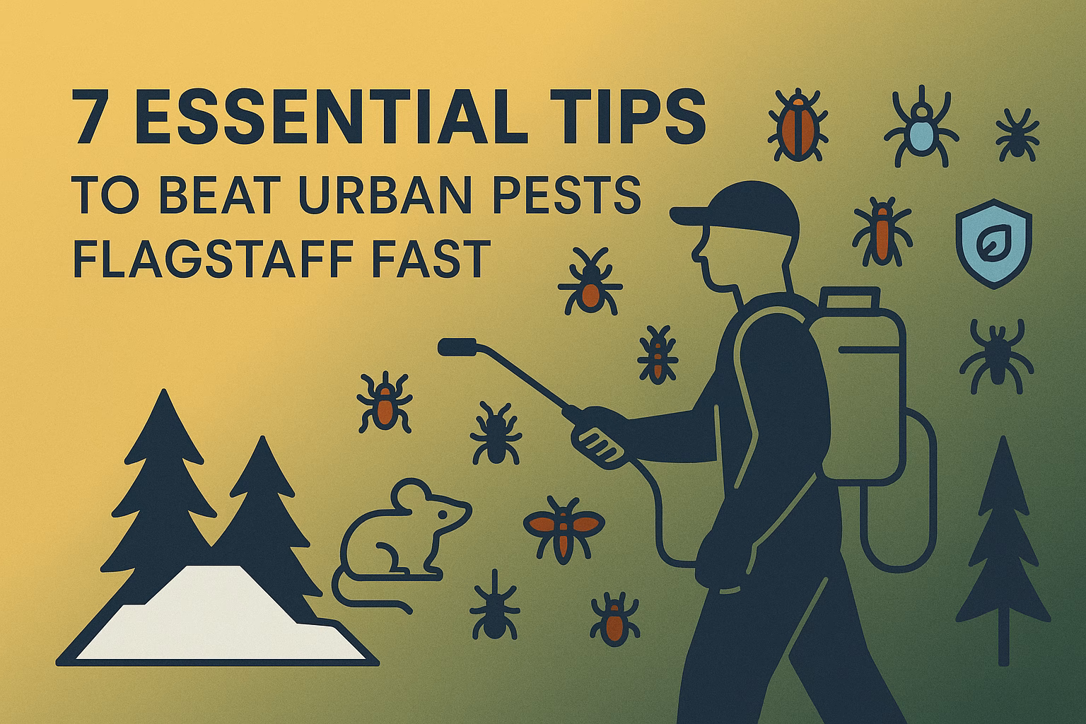 7 tips to combat urban pests in Flagstaff, featuring a pest control worker with icons of pests and trees.