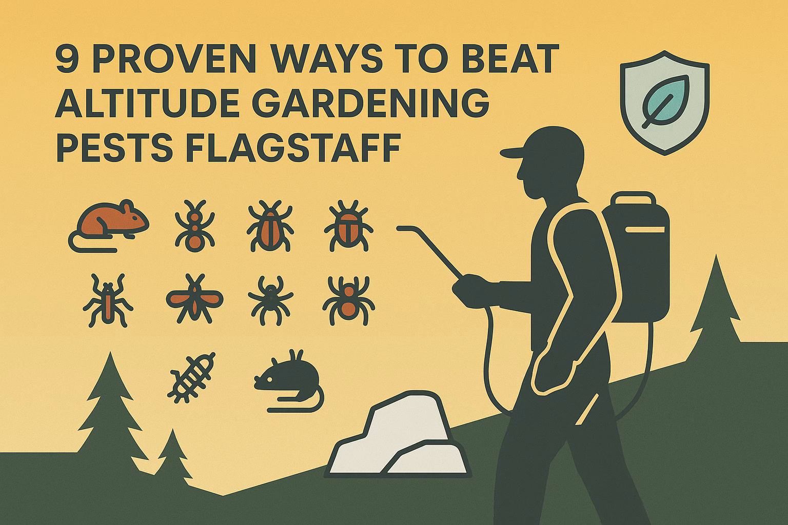 9 proven ways to beat altitude gardening pests Flagstaff, featuring a person spraying and various pest icons.