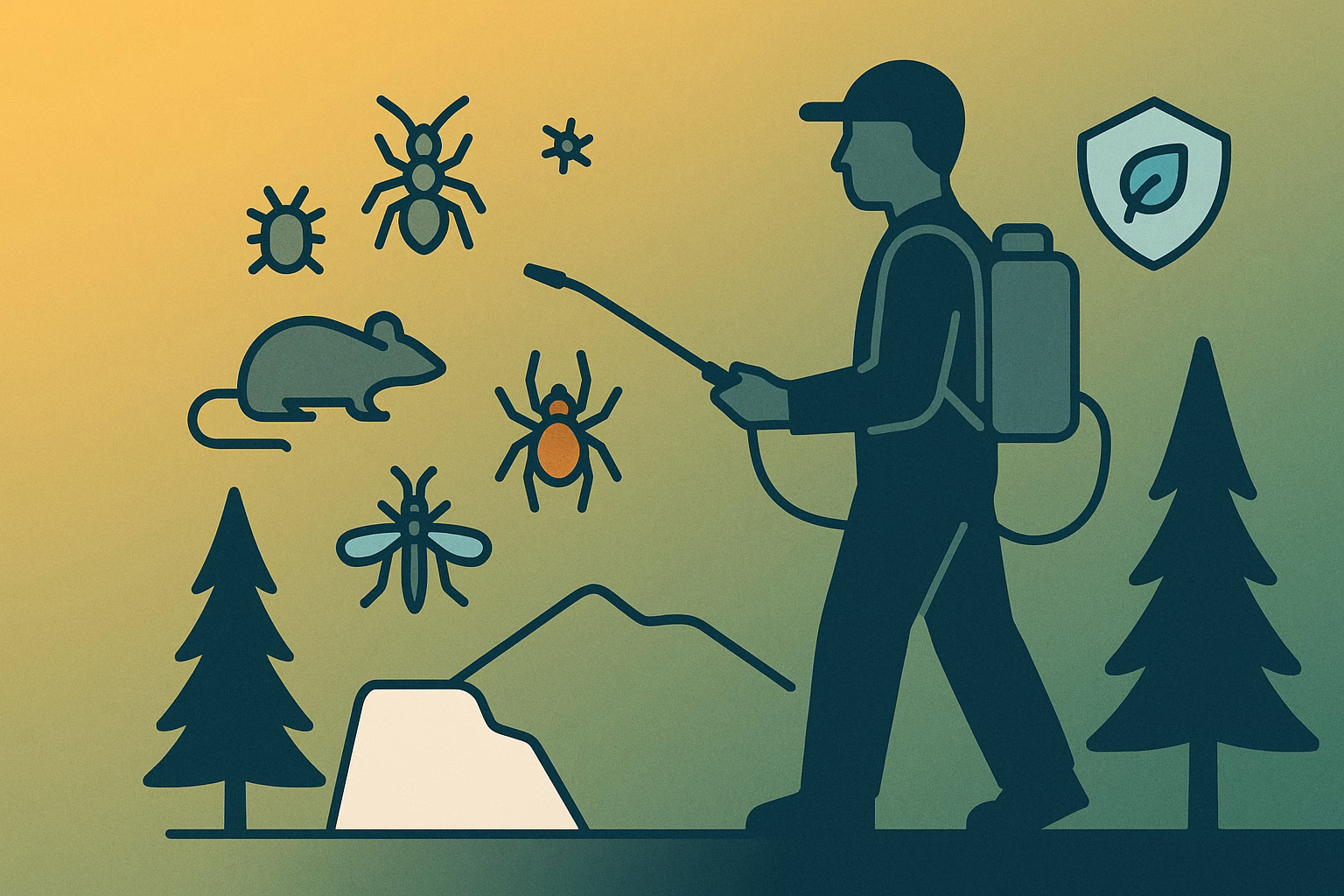 Pest control worker treating for insects and rodents in a forested area, emphasizing fire pest Flagstaff prevention.